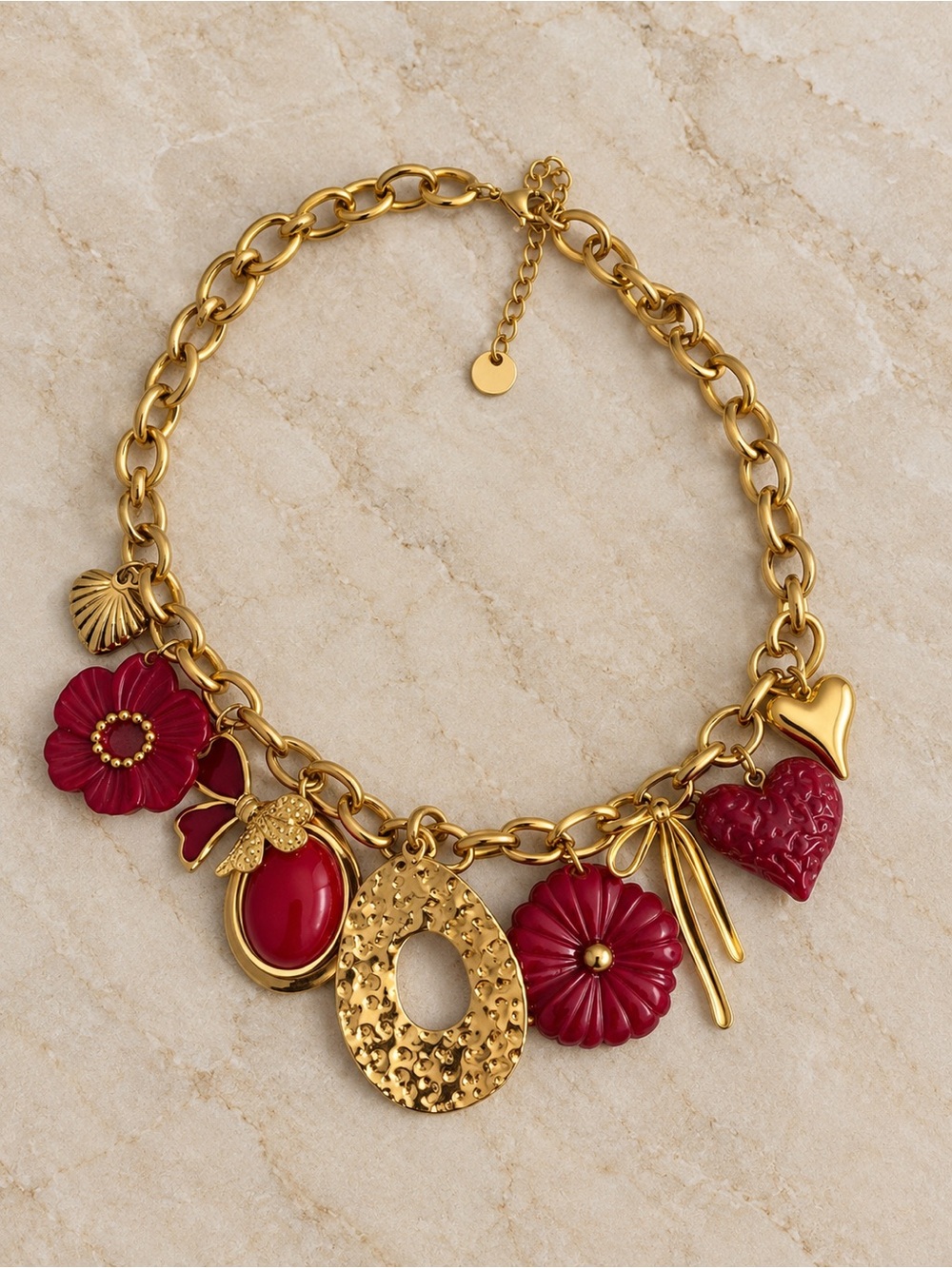Burgundy Red Floral Heart Charm Necklace